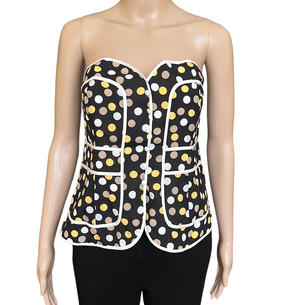 Arden B Black Silk Strapless Bustier Top size L Yellow Polka Dot White Piping